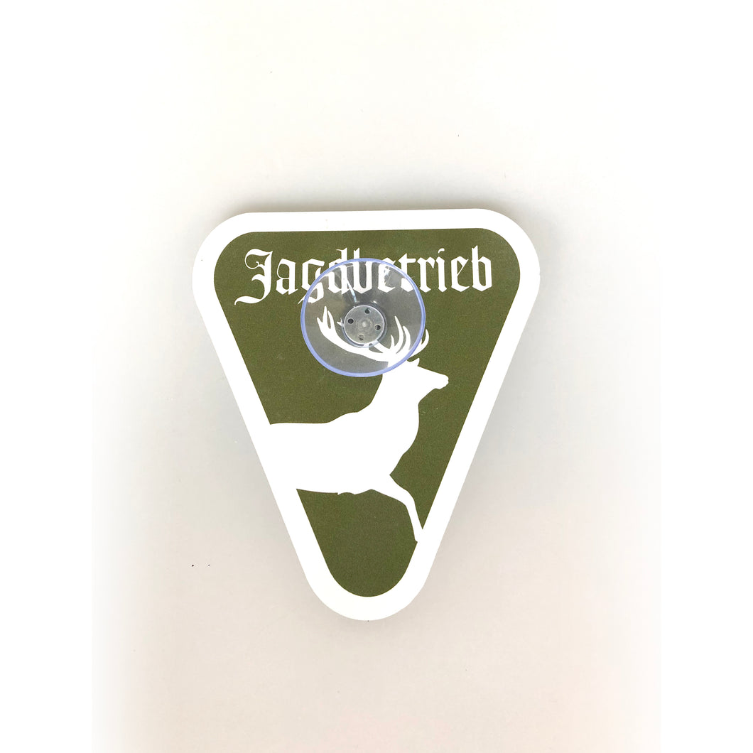 Schild -  4 Motive - Jagdbetrieb mit Saugnapf - Autoschild für KFZ Heckscheibe
