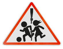 Laden Sie das Bild in den Galerie-Viewer, Schild Aufsteller - Spielende Kinder - Warndreieck 50 x 40 cm - 4 mm Alu Verbundplatte - freistehend aufstellbar