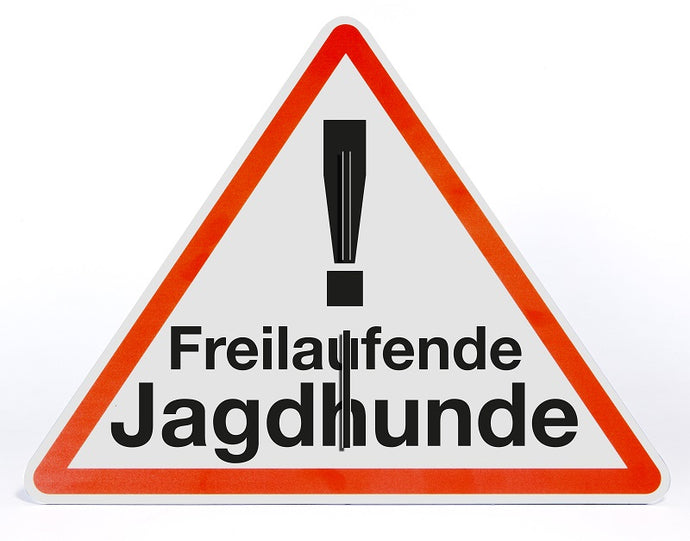 Schild Aufsteller - Freilaufende Jagdhunde - Dreieck 50 x 40 cm - freistehend