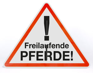 Schild Aufsteller - Achtung Freilaufende Pferde | Dreieck 50 x 40 cm | freistehend aufstellbar