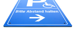 Behinderten Parkplatz - Abstand Pfeil - Schild - Hochformat - blau - 4 mm Alu Verbundplatte