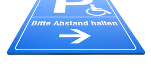 Behinderten Parkplatz - Abstand Pfeil - Schild - Hochformat - blau - 4 mm Alu Verbundplatte