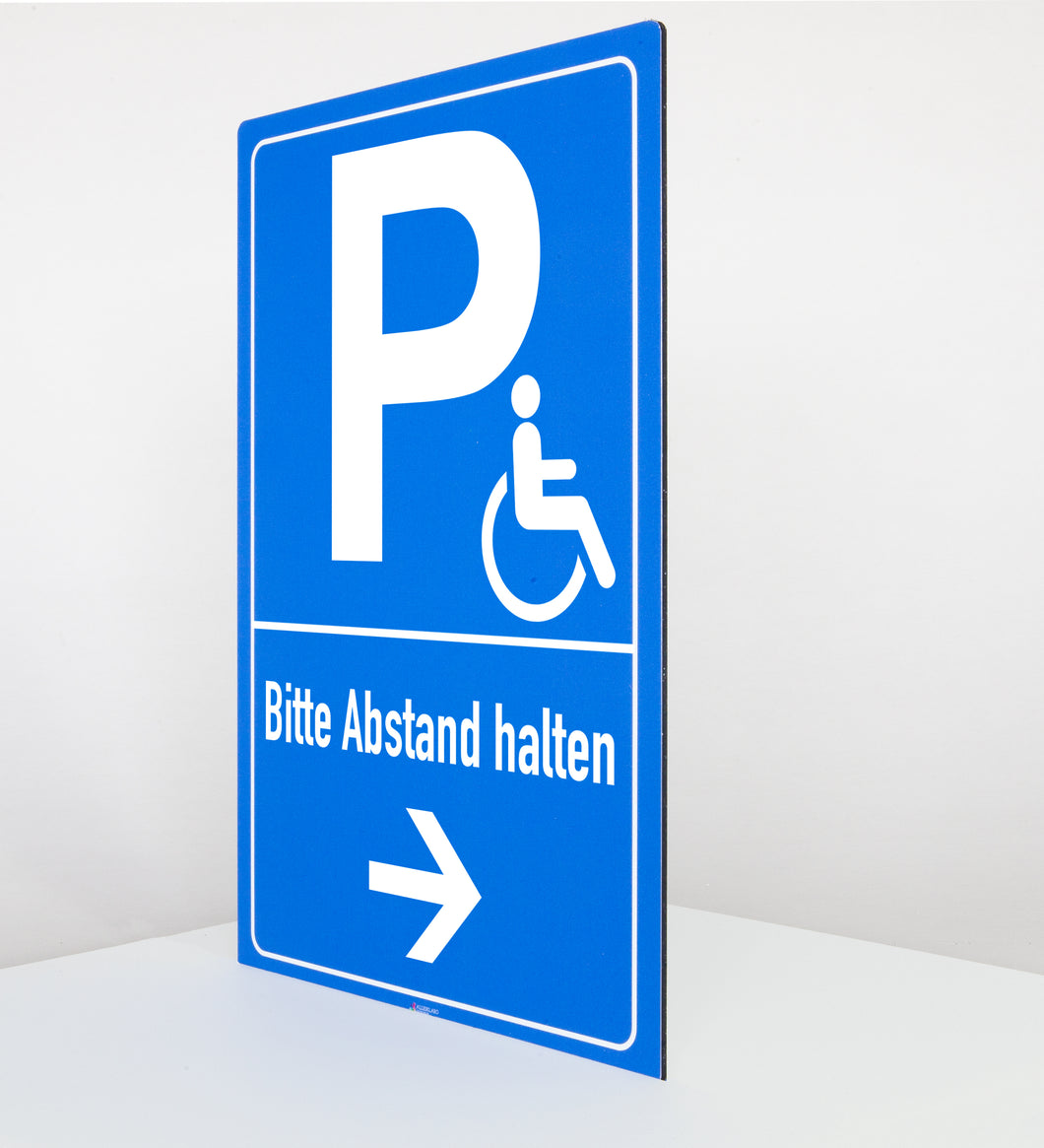 Behinderten Parkplatz - Abstand Pfeil - Schild - Hochformat - blau - 4 mm Alu Verbundplatte