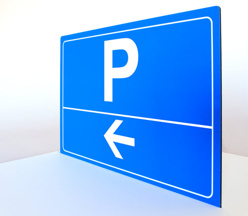 Parkplatz - Pfeil nach links - Schild - Querformat - blau - 4 mm Alu Verbundplatte