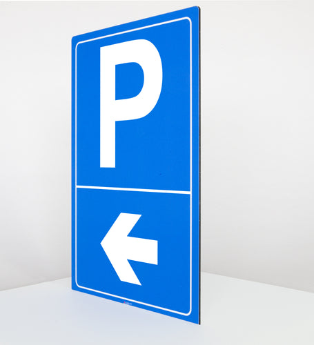 Parkplatz - Pfeil nach links - Schild - Hochformat - blau - 4 mm Alu Verbundplatte