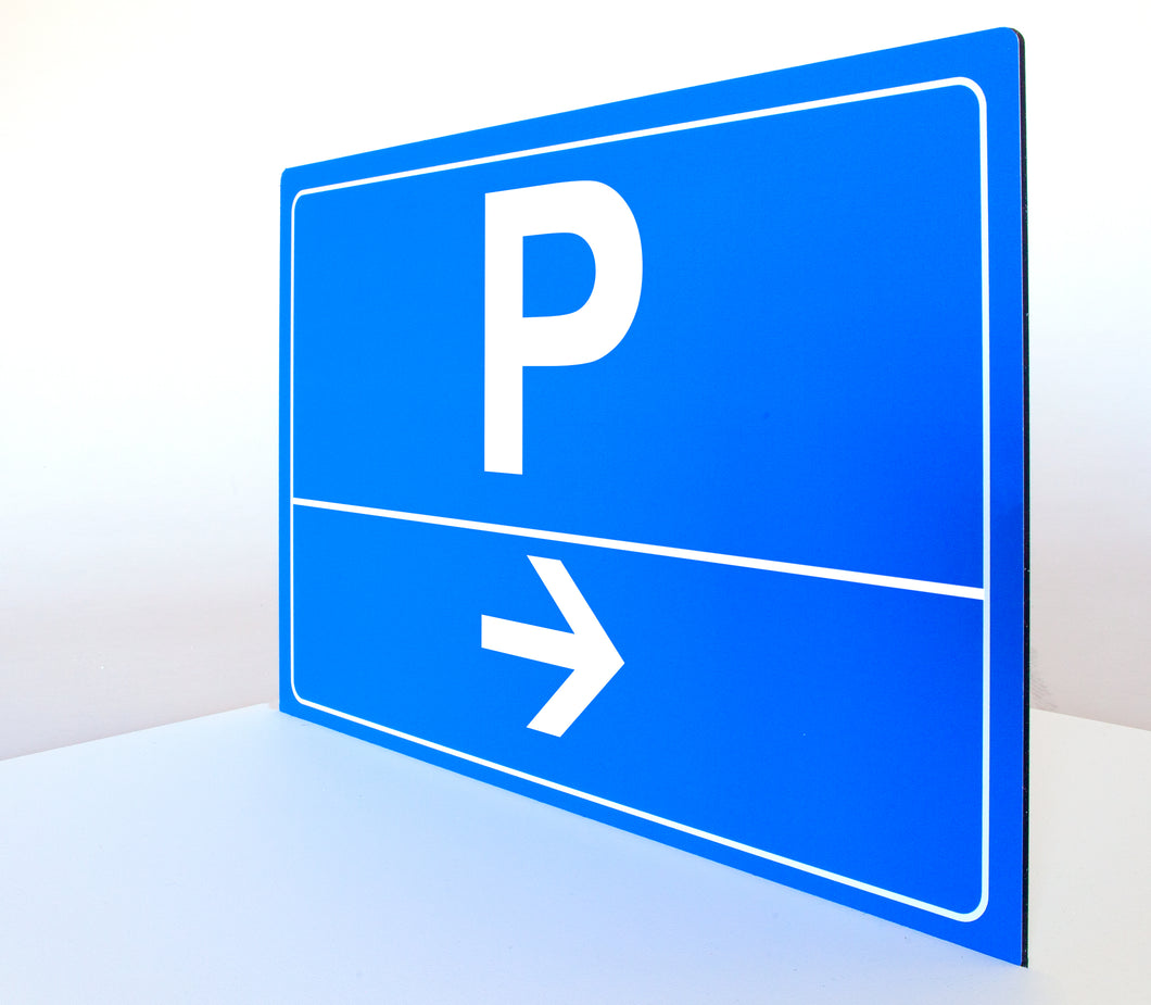 Parkplatz - Pfeil nach rechts - Schild - Querformat - blau - 4 mm Alu Verbundplatte