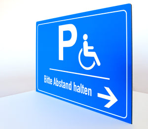 Behinderten Parkplatz - Abstand halten - Schild - Querformat - blau - 4 mm Alu Verbundplatte